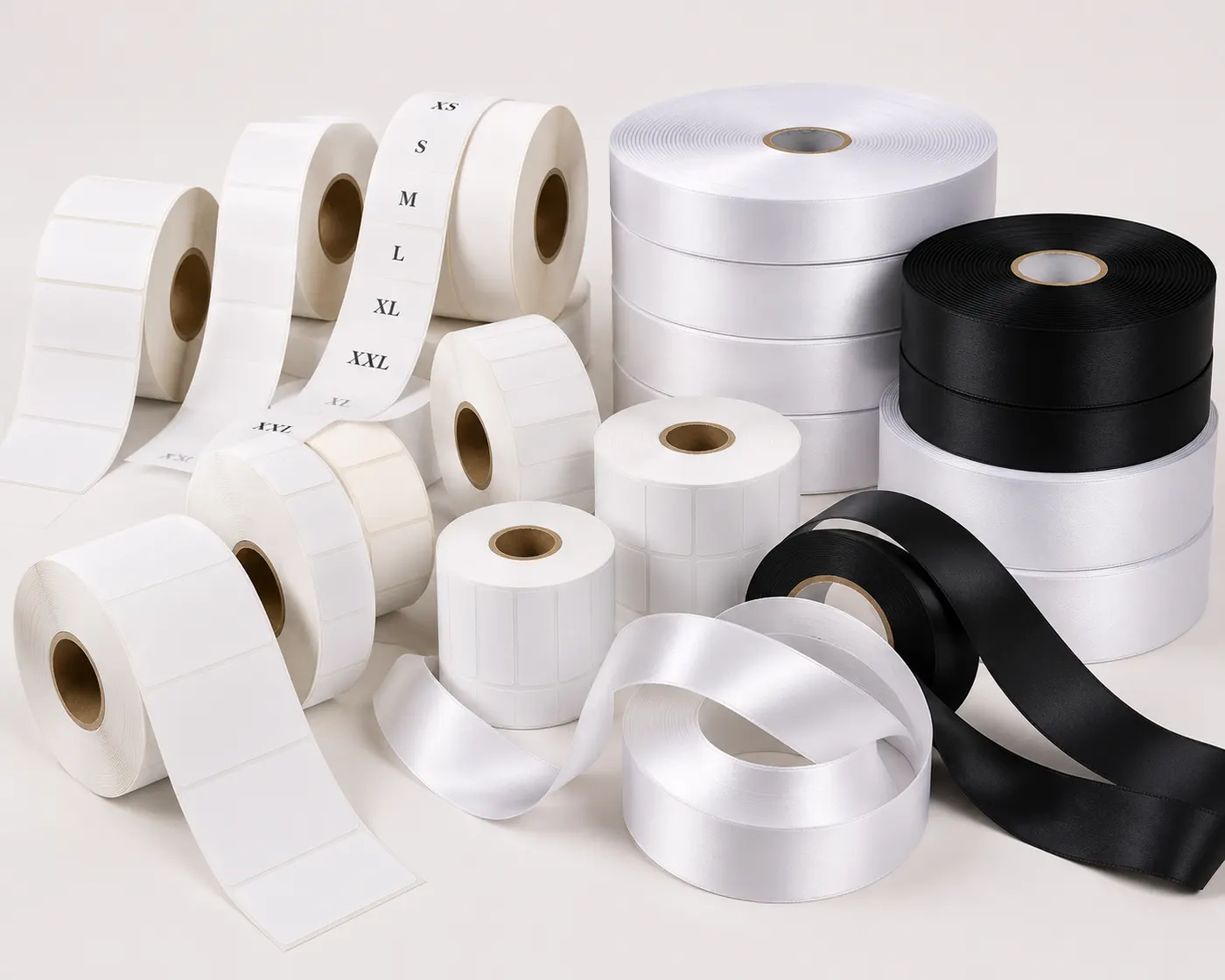 A selection of label ribbons, tapes and printed labels supplied by UR Enterprises